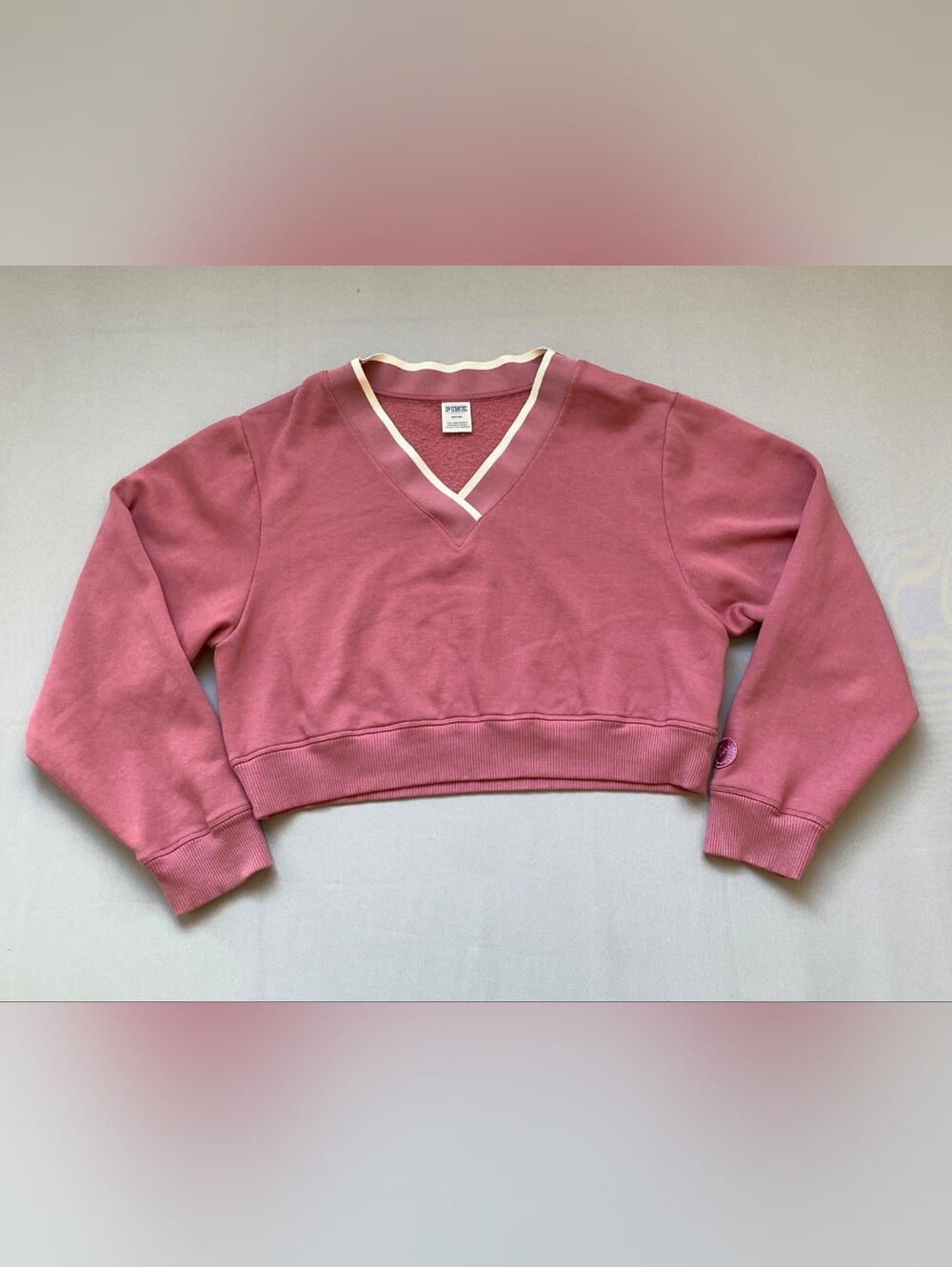 PINK Victoria's Secret Dusty Pink Cropped V-Neck Sweater with Cream Trim